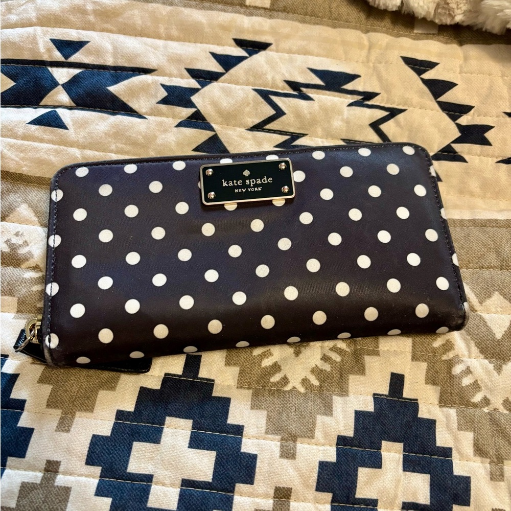 Kate Spade Women's Zip Around Clutch Wallet Large Black With White Polka Dots